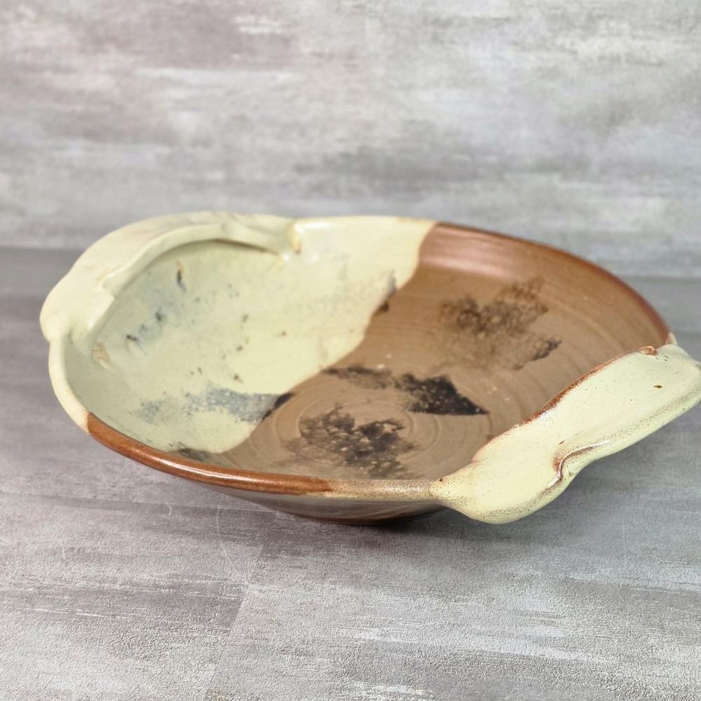 Handcrafted Ceramic Art Studio Pottery Bowl W.Handles Two Tone Earthy Brown
